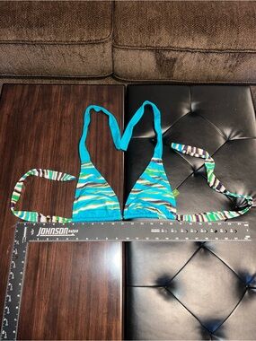 BECCA Teal Blue Striped Triangle Bikini Top